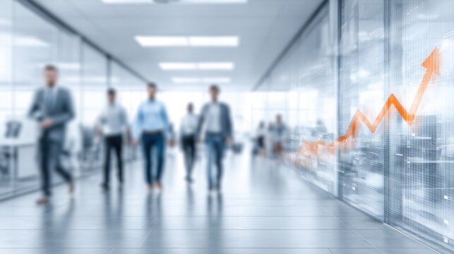 Modern business office hallway with blurred figures and upward trending graph symbolizing growth and success