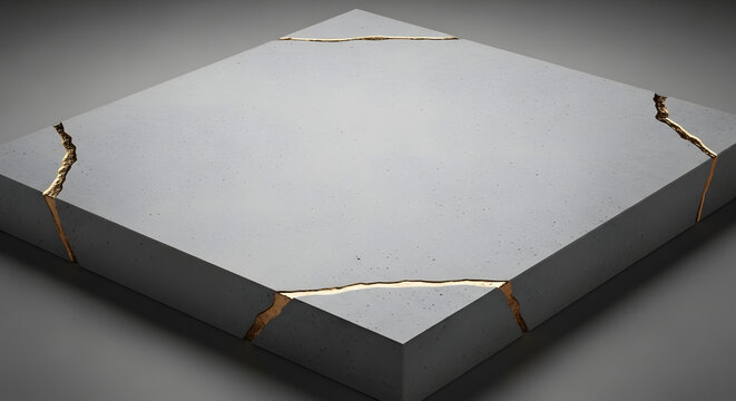 A grey square slab with golden Kintsugi-style repairs on its cracked surface and edges.