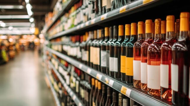 Rows of assorted wine bottles displayed for sale on shelves in a brightly lit supermarket aisle