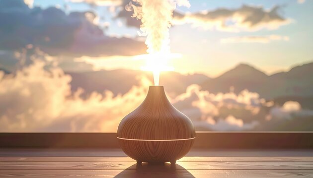 Aromatherapy Diffuser Emitting Steam Against a Sunset Sky.