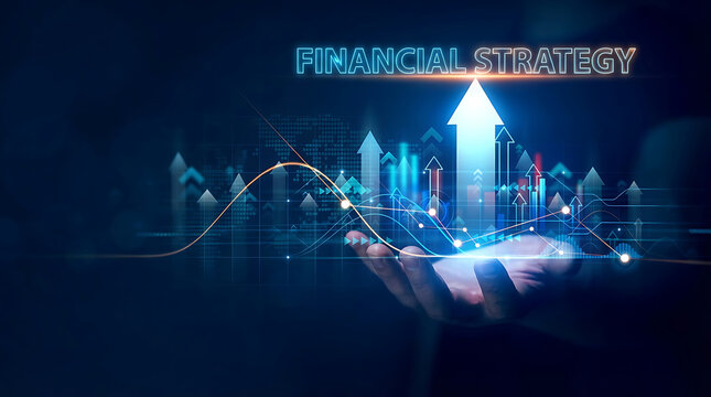 Financial strategy concept with glowing upward arrow, futuristic bar graphs, and digital data lines symbolizing growth and progress