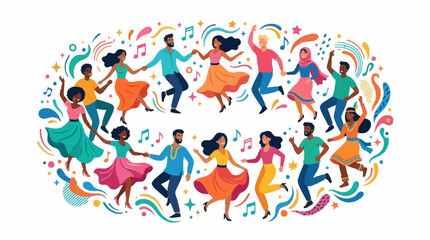 Fototapeta premium A vibrant vector illustration celebrates International Dance Day, showcasing diverse characters joyfully dancing in a circle amidst colorful musical notes and swirls against a clean white