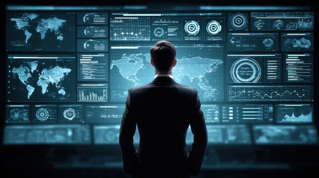 Businessman Overseeing Global Data Analysis and Digital Network Security on Futuristic Command Center Screens