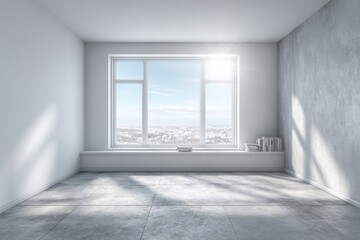 Fototapeta premium Bright, minimalist room with large window overlooking snowy cityscape, flooded with natural sunlight and shadows