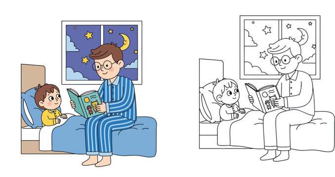 Father Reading Bedtime Story to Son with Night Sky View, Including Colored Illustration and Black and White Line Art Coloring Page for Kids