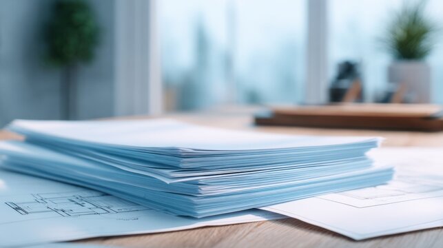 Stack of Documents and Blueprints on a Desk in a Bright, Modern Office Setting