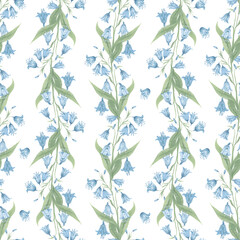 Fototapeta premium A seamless pattern of bluebells and butterflies in a delicate watercolor style. A fresh spring design, ideal for fabric, wallpaper, wrapping paper, and stationery.