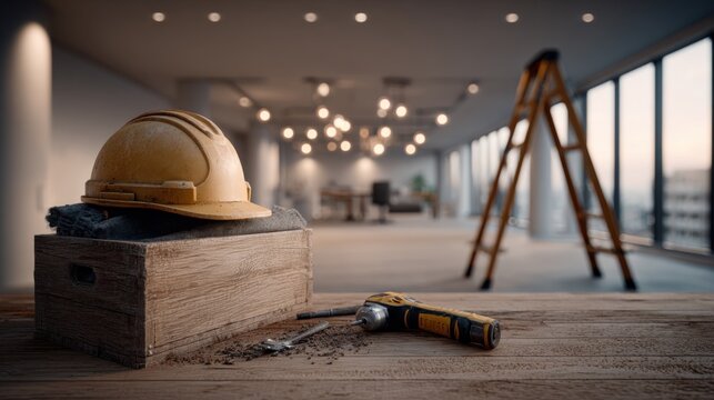 Construction hard hat and tools on a wooden box in an empty office space with a ladder