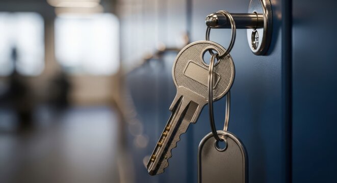 Gym Locker Key with Blank Tag Hanging on a Hook, Close-Up Focus on Security and Access
