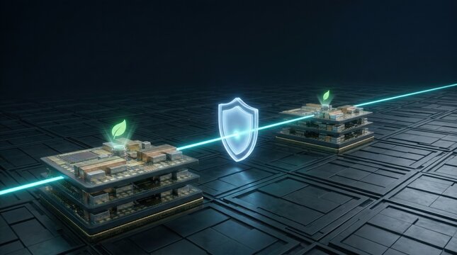Secure green semiconductor chiplet interconnect with shield icon showcasing protected data transfer sustainable computing and trusted architecture