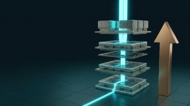 Exploded semiconductor chiplet stack with upward arrow showcasing vertical scaling compute growth advanced packaging and photonic interconnect