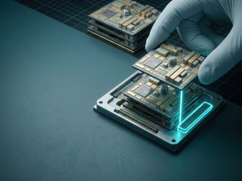 Gloved hand assembling stacked semiconductor chiplets into package showcasing precision packaging modular integration and advanced compute manufacturing