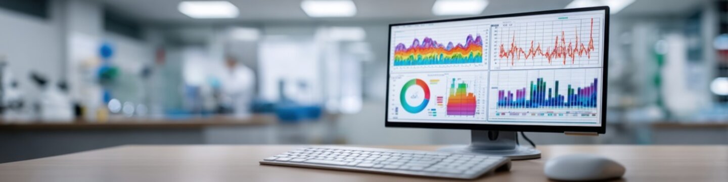 Advanced Data Analysis Computer Screen Displaying Colorful Charts and Graphs in a Modern Laboratory Setting