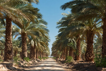 Obraz premium Date palm trees in Algeria, Plantation of date palms for healthy food production is rapidly developing agriculture in desert areas of deserts of North Africa (Algeria, Libya, Tunisia, Morocco). fruits