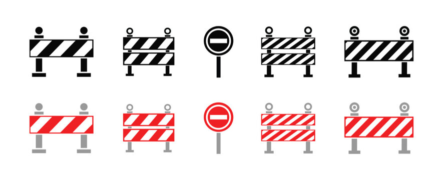 Road construction barrier icon set. Traffic barricade and no entry sign vector collection