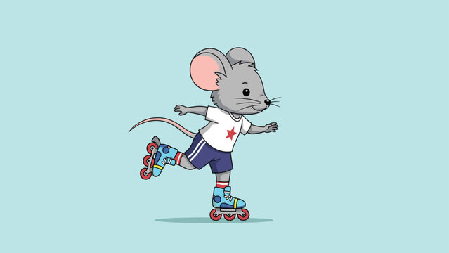 Energetic little mouse wearing a red star t-shirt and blue shorts enjoys roller skating on a bright turquoise background.