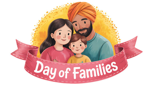A cartoon illustration of a smiling indian family with a girl, boy, and father wearing a turban on day of families