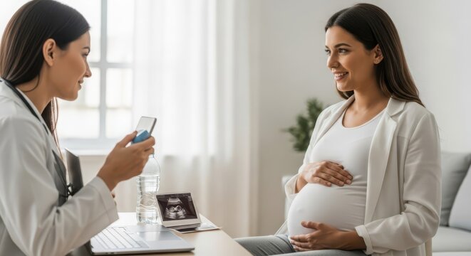 Smiling pregnant woman in consultation with doctor, reviewing ultrasound images during healthcare appointment