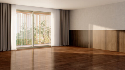 Fototapeta premium 3D render, illustration Luxury modern living room interior, realistic lighting, wide angle, contemporary furniture, clean lines, minimalist decor, elegant home design, large window