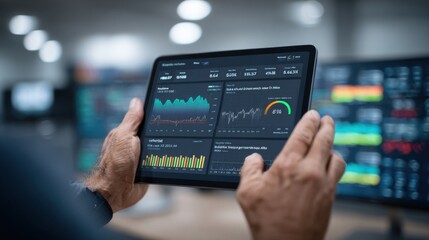 Fototapeta premium Trader using tablet displaying financial market data, charts, and analytics on a professional trading desk