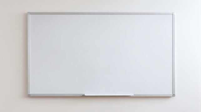 Empty Whiteboard with Silver Frame and Tray Mounted on a White Wall for Notes and Presentations