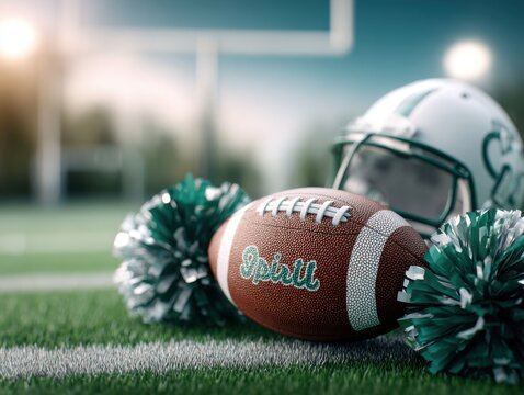American Football Team Spirit Gear Helmet and Pom Poms on Grassy Field Ready for Game Day
