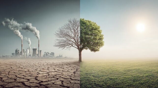 Split image showing environmental contrast between industrial pollution and a healthy green landscape under sunlight