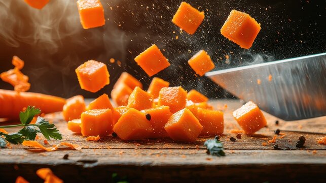 Carrot dice bounce airborne scattering wooden cutting board chef knife motion dynamic culinary food preparation fresh orange cubes flying particles