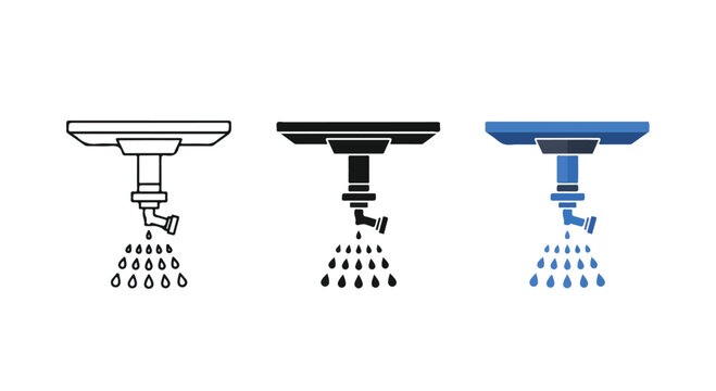 Three different icon styles representing a sprinkler head spraying water droplets for irrigation or fire suppression
