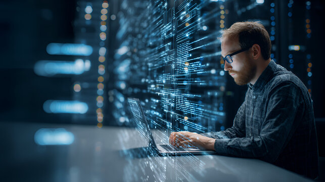 IT support, customer service concept. Computer engineer, technician coding on laptop computer connection with big data storage as backgrounds, digital technology, database, data management