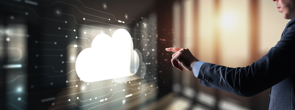 Digital technology data exchange cloud computing global business concept. Cloud computing on a virtual screen