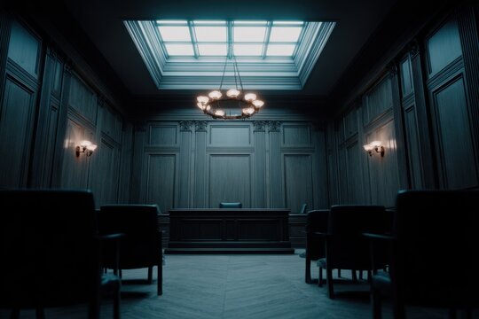 Dark and atmospheric courtroom interior with wooden paneling, chandelier, and skylight, evoking justice and deliberation