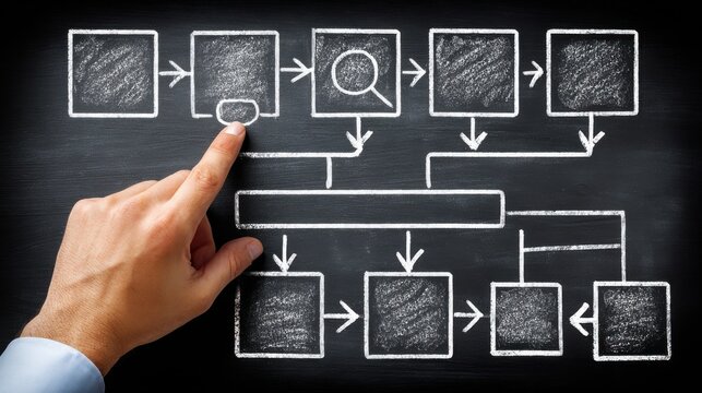 Hand points to process flow chart diagram on blackboard representing business strategy and planning