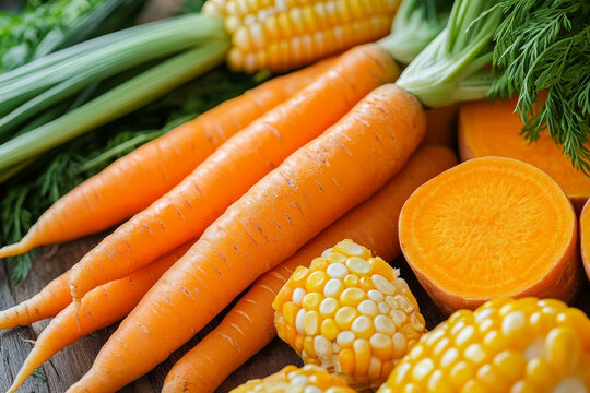 selective focus visually appealing arrangement of carrots, pumpkin, sweet potatoes and corn