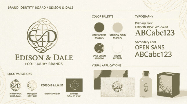 A brand identity board for Edison & Dale, an eco-luxury brand featuring a logo, color palette, typography, and visual applications