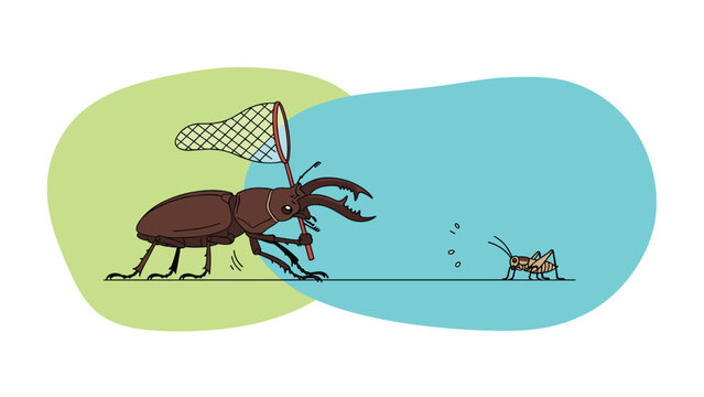 Funny illustration of a large brown stag beetle trying to catch a small cricket with a butterfly net in the grass.