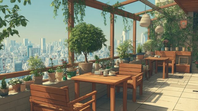 Lush urban rooftop terrace cafe with city skyline view, wooden furniture and abundant plants