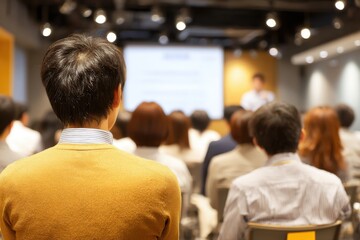 Fototapeta premium Audience attends business presentation in a modern conference hall with projector screen