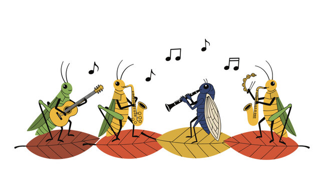 Three grasshoppers and a fly stand on autumn leaves and play a guitar saxophone and clarinet in a musical insect band.