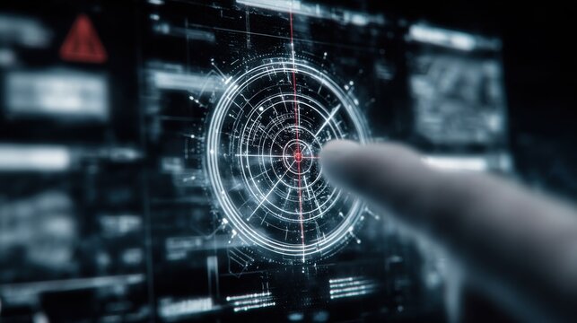 Futuristic holographic radar interface with a finger interacting with a targeting system on a digital display