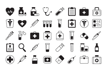 Fototapeta premium A comprehensive collection of black and white icons representing various medical and healthcare concepts in a grid