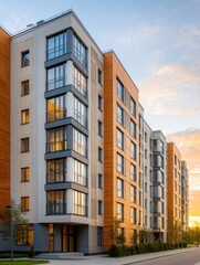 Fototapeta premium Modern Apartment Building Facade with Large Windows and Balconies at Sunset