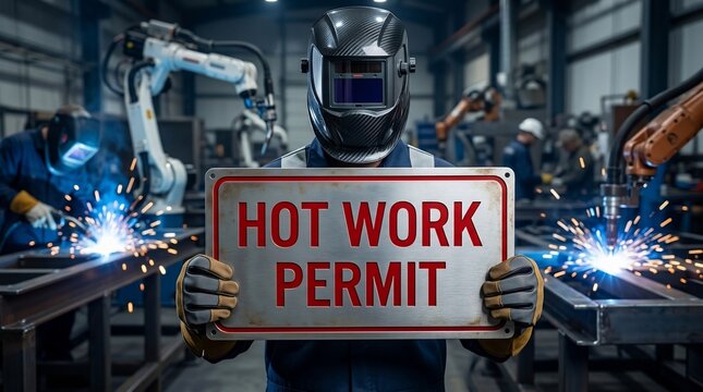 Welder holding a rusty hot work permit sign with sparks flying in the background