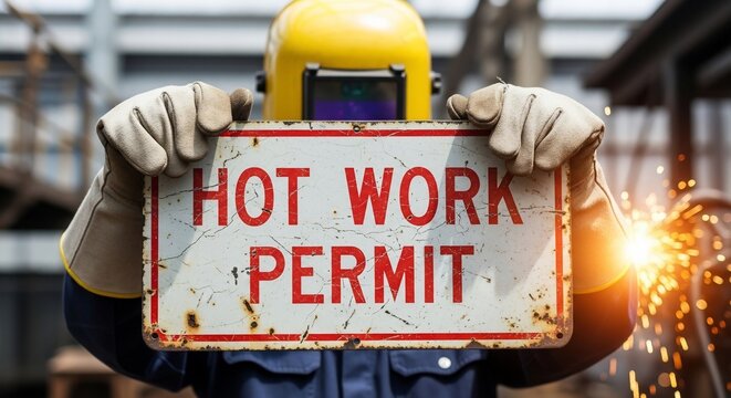 Welder holding a rusty hot work permit sign with sparks flying in the background