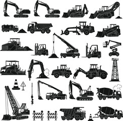 Fototapeta premium Construction Machinery Icon Set with Excavators, Bulldozers, Cranes, Dump Trucks, and Heavy Equipment for Engineering and Industrial Designs