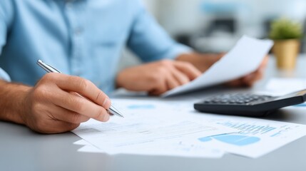 Fototapeta premium Close up of a man in a light blue shirt writing on documents at a desk with a calculator