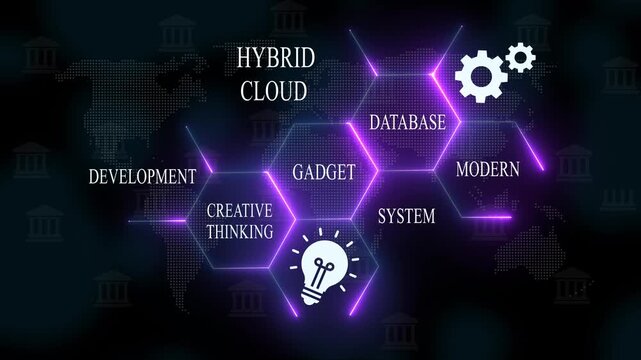 Hybrid cloud technology network diagram with creative thinking and modern gadgets hybrid cloud network