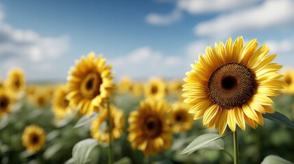 Obraz premium Vibrant Sunflower Field Under a Bright Blue Sky with Fluffy White Clouds on a Sunny Day