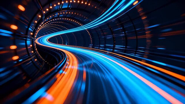 Sci-fi circular tunnel with orange and blue glowing light rings