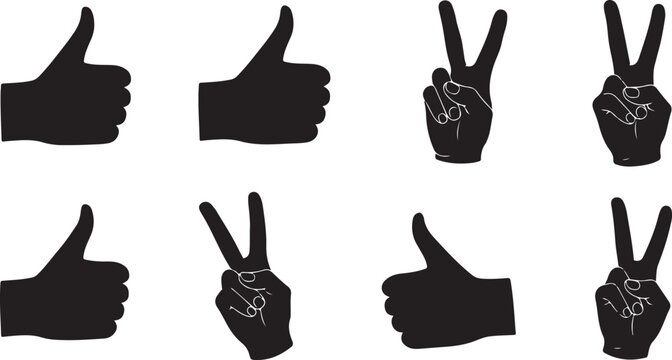 hand gestures pointing thumbs up peace silhouette set black.